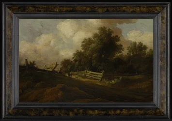 Landschaft mit zwei Figuren und einem Hund